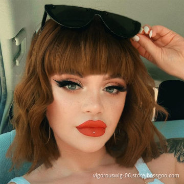 Vigorous Fashion Girl Natural Short Bob Brown Wig With Neat Bangs Synthetic Short Curl Wave Wigs Heat Resistant